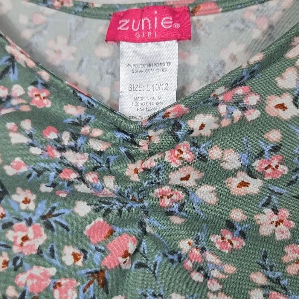 Zunie Girl L 10/12 Sage Floral Jersey Knit Short Sleeve Skater Dress Fit & Flare